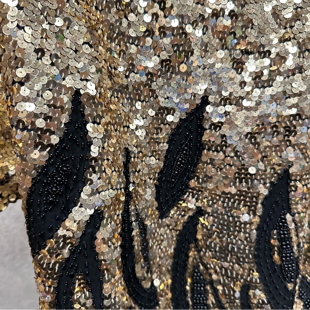 Vintage 1980s silk beaded sequins shirt fire design women’s small black gold - Picture 5 of 10